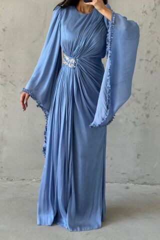 Işıltılı Kol Detaylı Janjan Tesettür Abiye İndigo