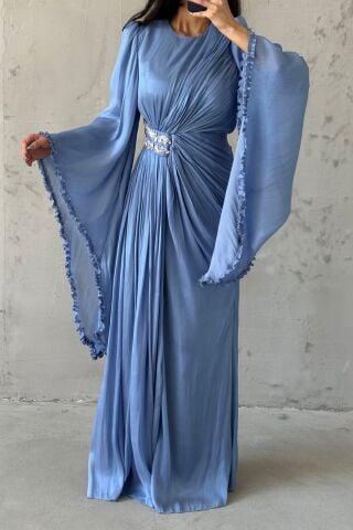 Işıltılı Kol Detaylı Janjan Tesettür Abiye İndigo