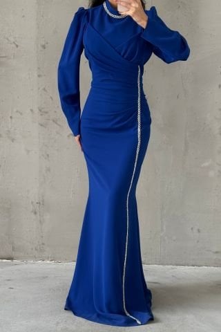 Elegant Stone Embroidered Crepe Hijab Evening Dress in Saxe Blue