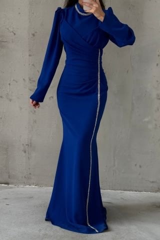 Şık Taş İşlemeli Krep Tesettür Abiye Saks Mavisi