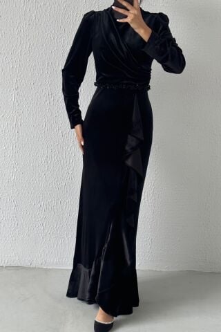 Belden Boncuk Detaylı Kadife Tesettür Abiye Siyah