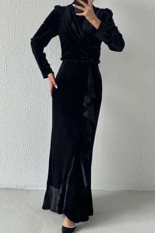 Belden Boncuk Detaylı Kadife Tesettür Abiye Siyah