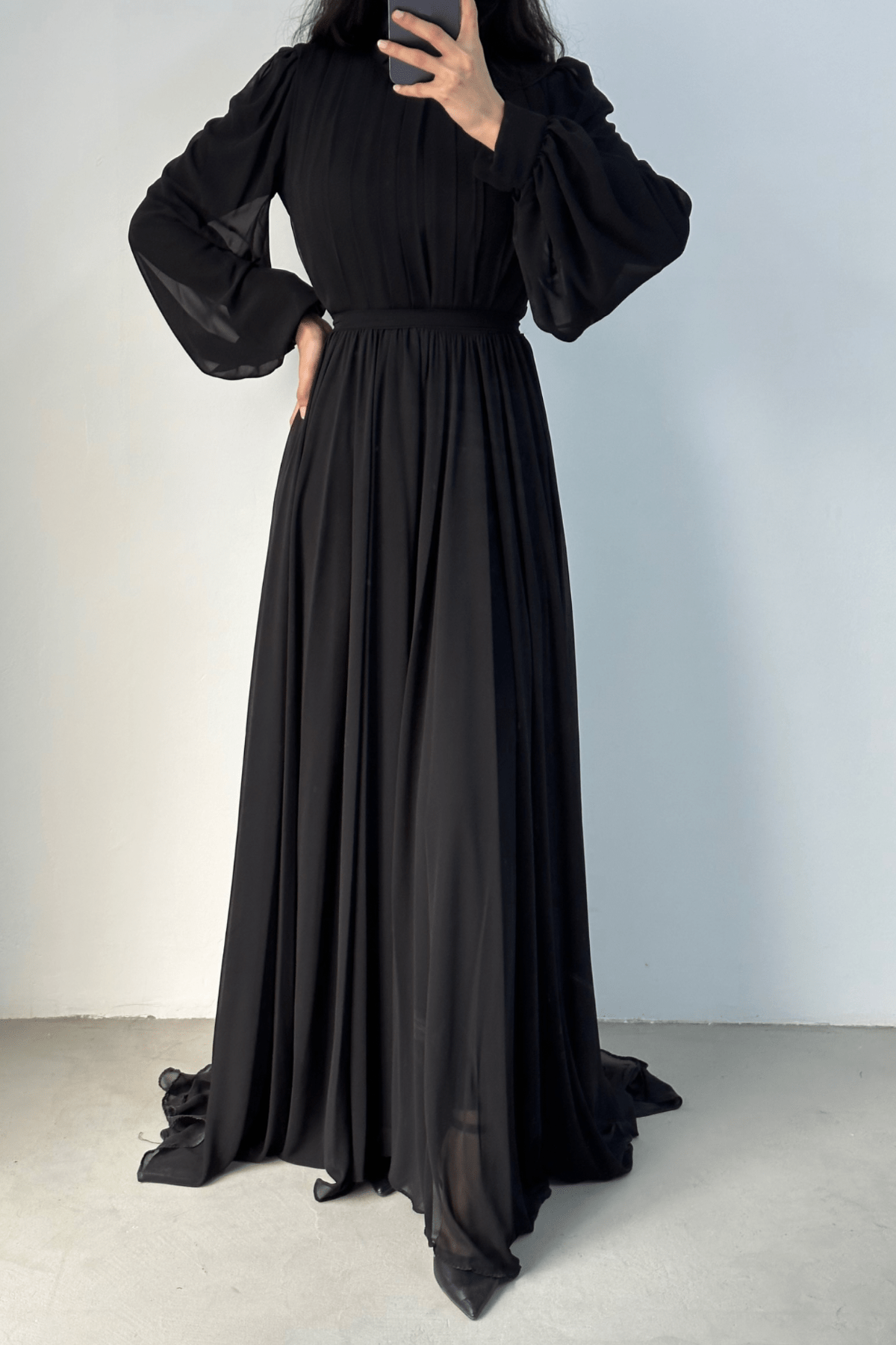 Önü Kısa Arkası Uzun Şifon Tesettür Abiye Siyah