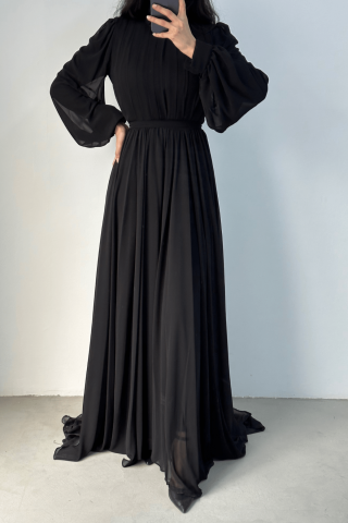Önü Kısa Arkası Uzun Şifon Tesettür Abiye Siyah