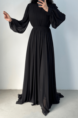 Önü Kısa Arkası Uzun Şifon Tesettür Abiye Siyah