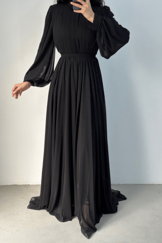 Önü Kısa Arkası Uzun Şifon Tesettür Abiye Siyah