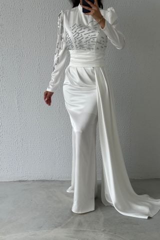 Sparkling Tail Satin Hijab Evening Dress Ecru