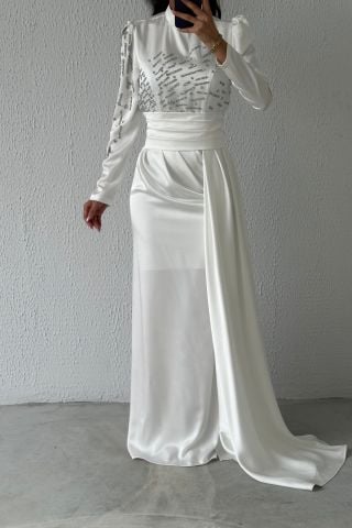 Sparkling Tail Satin Hijab Evening Dress Ecru
