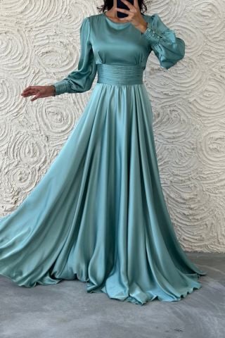 Büyüleyici Saten Kuşaklı Tesettür Abiye-Mint Yeşili