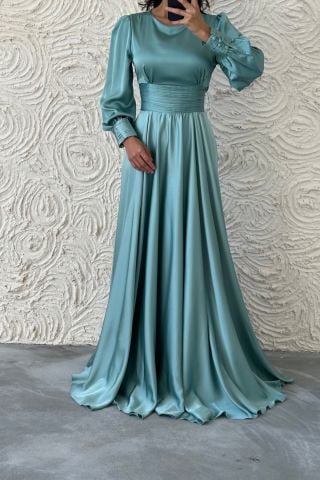 Büyüleyici Saten Kuşaklı Tesettür Abiye-Mint Yeşili