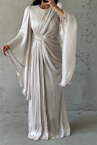 Işıltılı Kol Detaylı Janjan Tesettür Abiye Taş