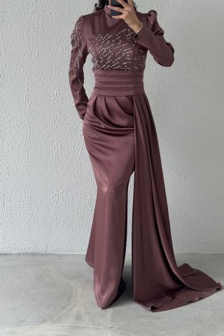 Pırıltılı Kuyruklu Saten Tesettür Abiye Vizon