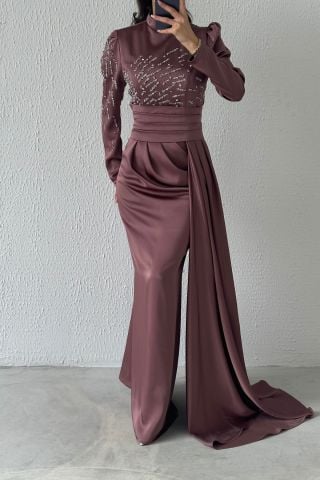 Pırıltılı Kuyruklu Saten Tesettür Abiye Vizon