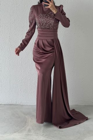 Pırıltılı Kuyruklu Saten Tesettür Abiye Vizon