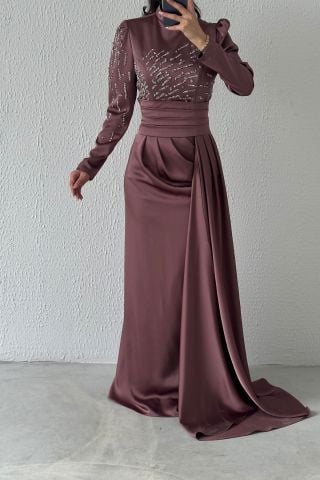 Pırıltılı Kuyruklu Saten Tesettür Abiye Vizon