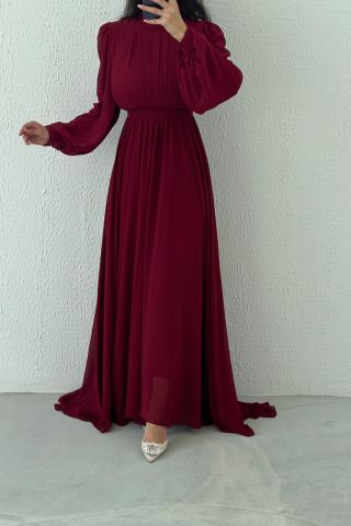 Önü Kısa Arkası Uzun Şifon Tesettür Abiye Bordo