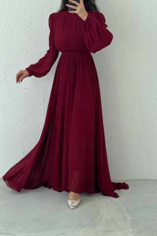 Önü Kısa Arkası Uzun Şifon Tesettür Abiye Bordo