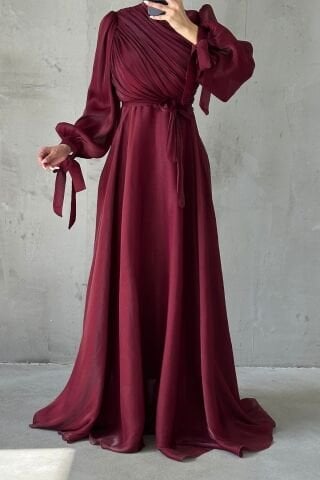 Draped Belt Detailed Janjan Fabric Hijab Evening Dress Burgundy