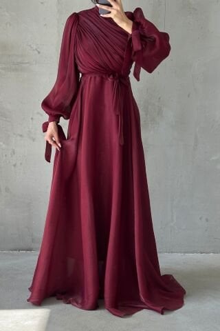 Draped Belt Detailed Janjan Fabric Hijab Evening Dress Burgundy