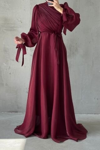 Draped Belt Detailed Janjan Fabric Hijab Evening Dress Burgundy