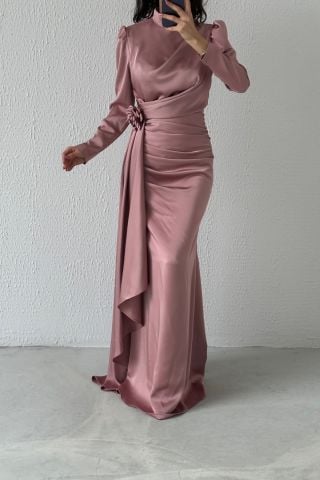 Belden Şık Detaylı Saten Tesettür Abiye Pudra