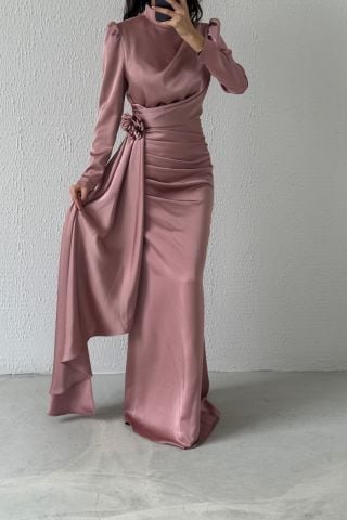 Belden Şık Detaylı Saten Tesettür Abiye Pudra