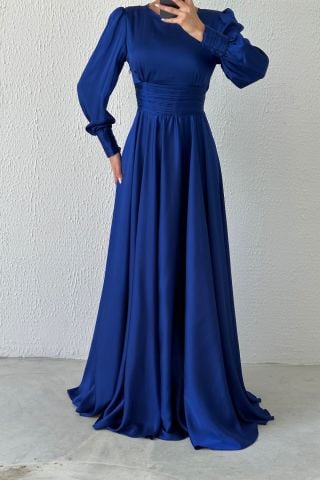 Büyüleyici Saten Kuşaklı Tesettür Abiye-Saks Mavisi