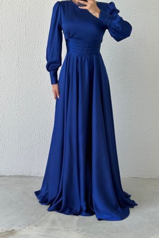 Büyüleyici Saten Kuşaklı Tesettür Abiye-Saks Mavisi