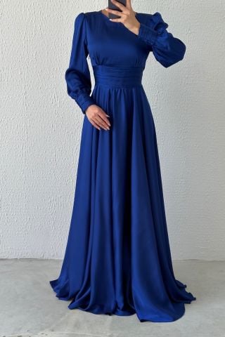 Büyüleyici Saten Kuşaklı Tesettür Abiye-Saks Mavisi