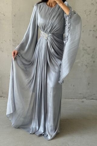 Işıltılı Kol Detaylı Janjan Tesettür Abiye Gri