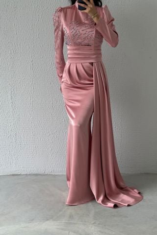 Pırıltılı Kuyruklu Saten Tesettür Abiye Pudra