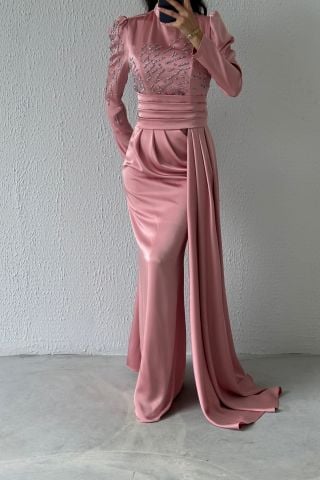 Pırıltılı Kuyruklu Saten Tesettür Abiye Pudra