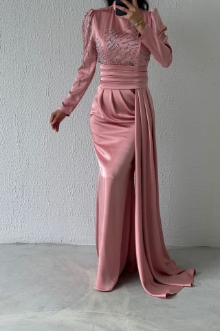 Pırıltılı Kuyruklu Saten Tesettür Abiye Pudra