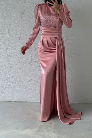 Pırıltılı Kuyruklu Saten Tesettür Abiye Pudra