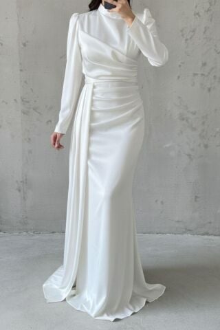 Drapeli Kuyruk Detaylı Tesettür Abiye Beyaz