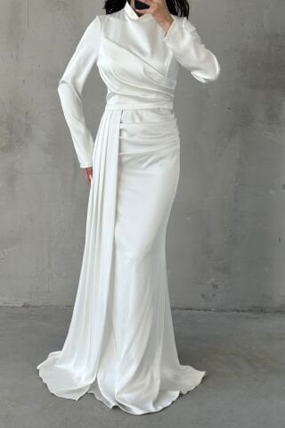 Draped Tail Detailed Hijab Evening Dress White