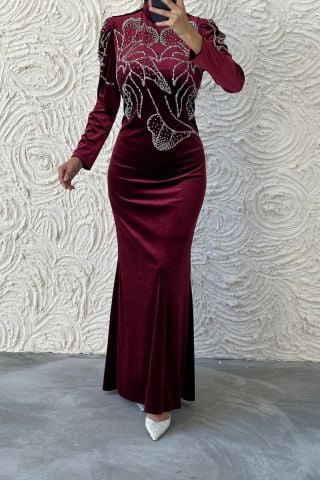 İnce Taş İşlemeli Kadife Tesettür Abiye Bordo