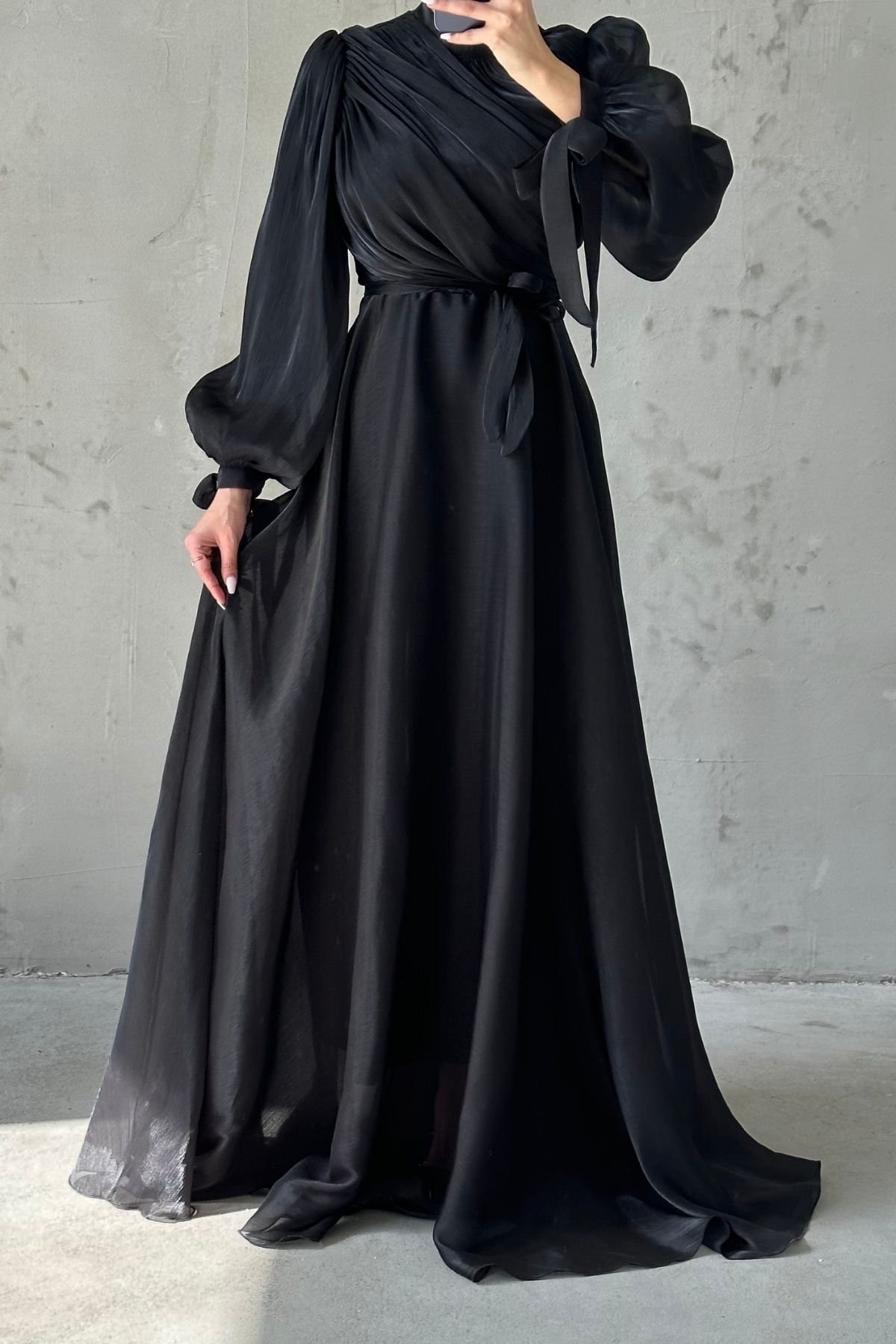 Drapeli Kuşak Detaylı Janjan Kumaş Tesettür Abiye Siyah