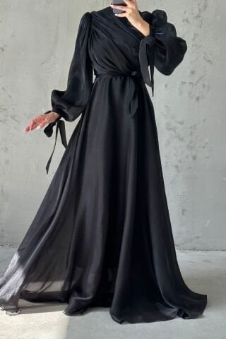 Drapeli Kuşak Detaylı Janjan Kumaş Tesettür Abiye Siyah