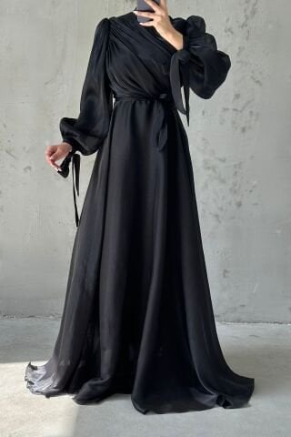 Drapeli Kuşak Detaylı Janjan Kumaş Tesettür Abiye Siyah