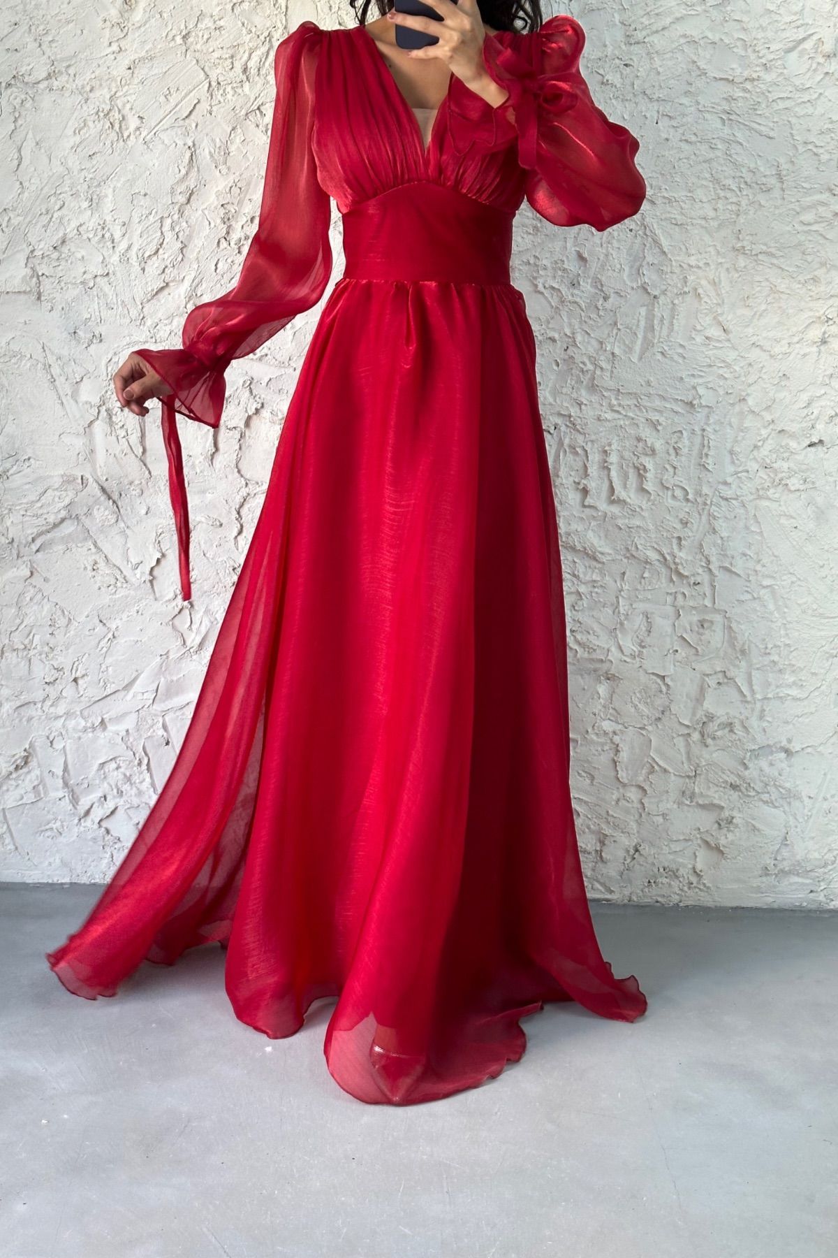 V-Neck Sleeve Detailed Evening Dress Claret Red