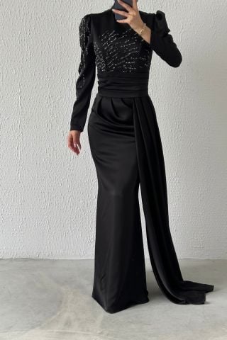 Pırıltılı Kuyruklu Saten Tesettür Abiye Siyah