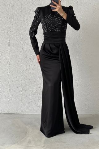 Pırıltılı Kuyruklu Saten Tesettür Abiye Siyah