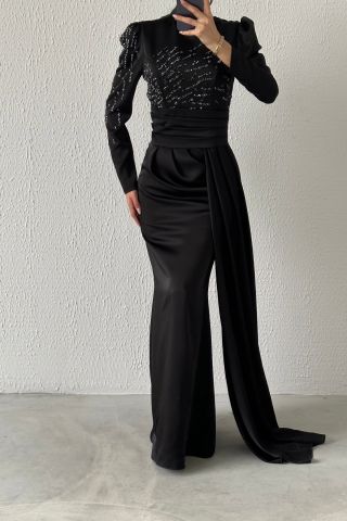 Pırıltılı Kuyruklu Saten Tesettür Abiye Siyah