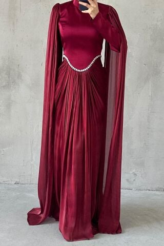 Işıltılı Dokunuş Kol Detaylı Tesettür Abiye Bordo