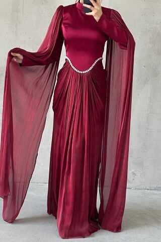 Işıltılı Dokunuş Kol Detaylı Tesettür Abiye Bordo