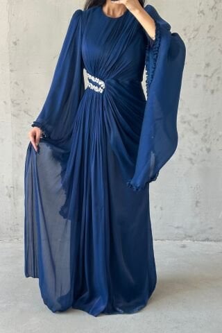 Işıltılı Kol Detaylı Janjan Tesettür Abiye Lacivert