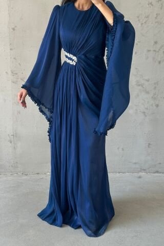 Işıltılı Kol Detaylı Janjan Tesettür Abiye Lacivert
