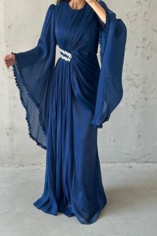 Işıltılı Kol Detaylı Janjan Tesettür Abiye Lacivert