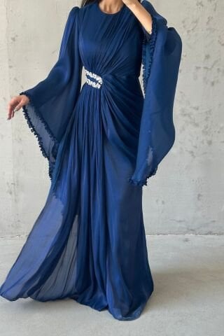 Işıltılı Kol Detaylı Janjan Tesettür Abiye Lacivert